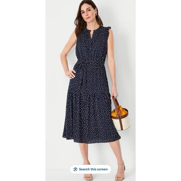 Ann Taylor Dresses & Skirts - ANN TAYLOR navy blue midi dotted dress size M Peasant Boho Cottagecore New